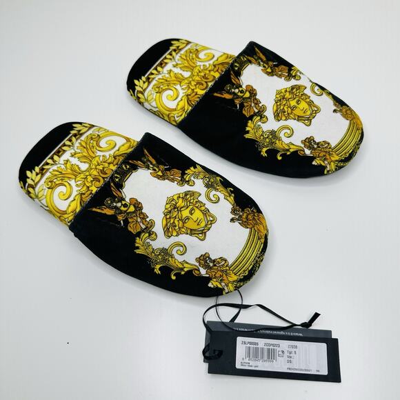 NWT Versace Medusa Slip-On Slippers Size S (6-7) Renaissance-Print Black Gold - Picture 3 of 8